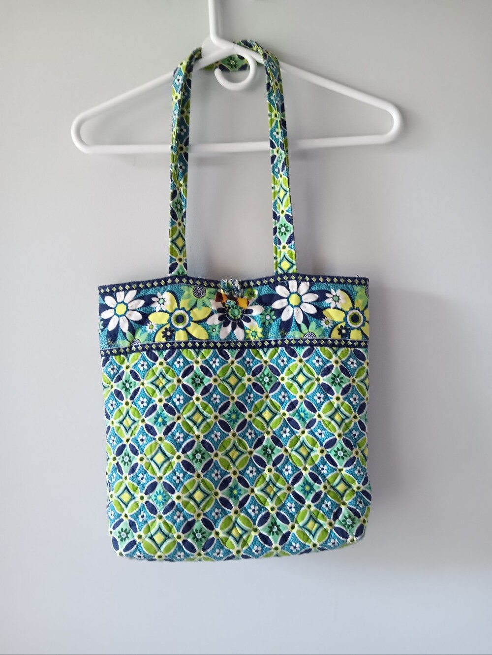 Vera Bradley Daisy Daisy Geometric Floral Tote Bag Double Handle Green Blue 13"